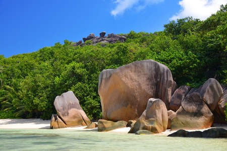 Anse Source d'Argent beach with big granite stones in La Digue Island, Indian Ocean, Seychelles. Luxury travel destination.の写真素材