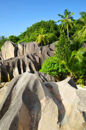 Big granite stones on Anse Source d'Argent beach in La Digue Island, Indian Ocean, Seychelles.の写真素材