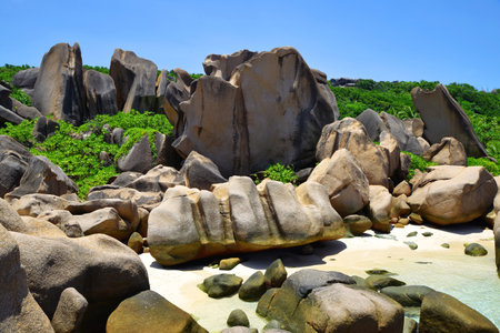 Anse Marron beach with big granite boulders on La Digue Island, Seychelles. Tropical landscape with sunny sky. Exotic travel destination.の写真素材