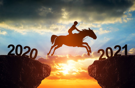 The rider on the horse jump from 2020 to 2021 at sunset. Happy New Year concept.の写真素材