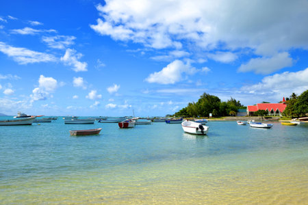 Boats in Cap Malheureux, Mauritius island, Indian Ocean.の写真素材