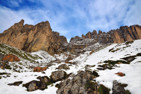 Mountain group Sassolungo (Langkofel). Beautiful snowy winter landscape in Dolomites. Province of...