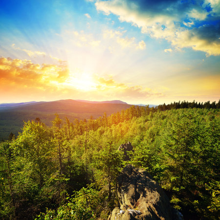 Summer landscape in Sumava National Park at sunrise. View from the Pancir mountain. Czech republic.の写真素材