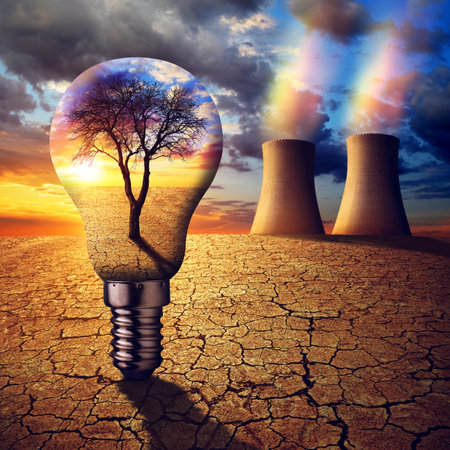 Cooling towers of a nuclear power plant in a devastated dry landscape and light bulb with dead tree at sunset.の写真素材