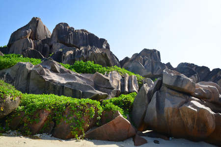 Big granite rocks close to Anse Songe. La Digue Island, Seychelles.の写真素材