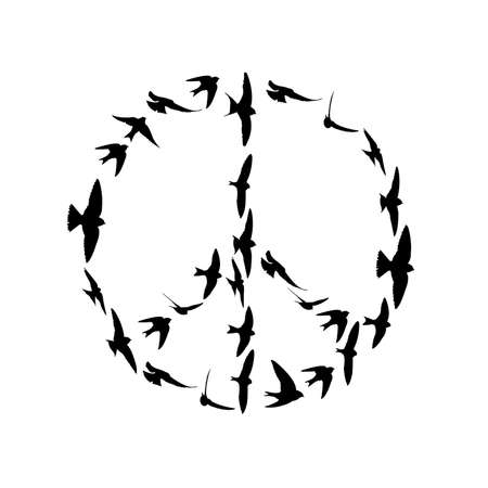 Silhouette of birds flying in peace symbol formation isolated on white background.の写真素材