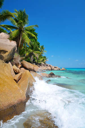 Large granite boulders in Anse Patates beach, La Digue Island, Indian ocean, Seychelles. Beautiful tropical landscape with sunny sky. Exotic travel destinations.の写真素材