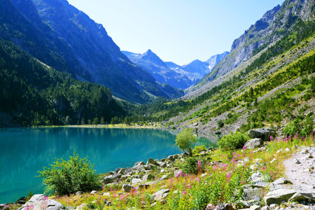 Gaube lake near village Cauterets in the Hautes-Pyrenees department, France, Europe. Beautiful mountain landscape in summer day.の写真素材