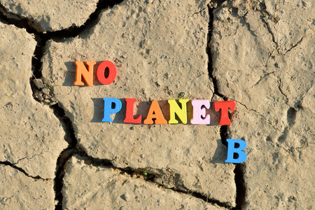 Text No Planet B on arid cracked soil. Concept of climate change or global warming.の写真素材