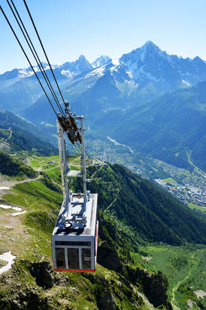 CHAMONIX, FRANCE - JULY 18, 2021: Cable car arriving at the Le Brevent station from the city of Chamonix.のeditorial素材