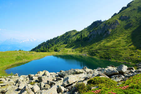 Mountain lake Lago di Chamole, Aosta valley, Italy. Summer landscape in the Alps.の写真素材