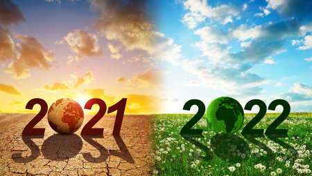 Number 2021 with arid planet and 2022 with lush planet. Concept of Happy New Year. Global warming or...