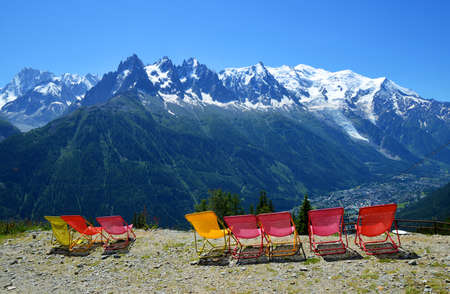 Idyllic landscape with Mont Blanc mountain range in sunny day. Nature Reserve Aiguilles Rouges, Graian Alps, France, Europe.の写真素材