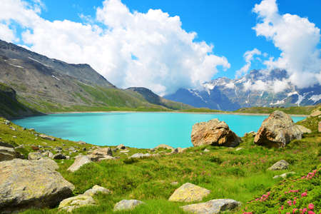 Mountain lake Lac de Goillet, Aosta valley, Italy. Summer landscape in the Alps.の写真素材