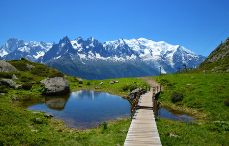 Idyllic landscape with Mont Blanc mountain range in sunny day. Nature Reserve Aiguilles Rouges, French Alps, France, Europe.の写真素材
