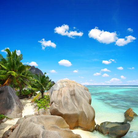 Anse Source d'Argent beach with big granite rocks in sunny day. La Digue Island, Indian Ocean, Seychelles. Tropical destination.の写真素材