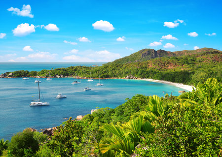 View on the Anse Lazio beach in the island Praslin, Seychelles, Indian Ocean, Africa.の写真素材