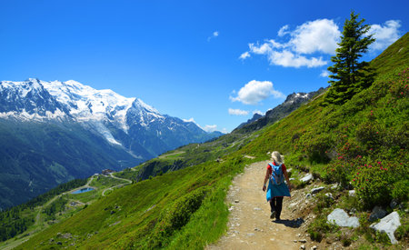 Tourist on mountain trail in the Nature Reserve Aiguilles Rouges, Graian Alps, France, Europe.の写真素材