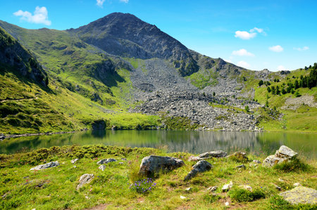 Mountain lake Lago di Chamole, Aosta valley, Italy. Summer landscape in the Alps.の写真素材
