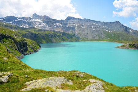 Mountain lake Lac de Goillet, Aosta valley, Italy. Summer landscape in the Alps.の写真素材