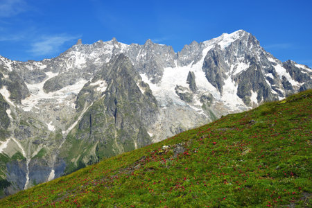 Beautiful mountain landscape with mount Grandes Jorasses, Mont Blanc massif, Courmayeur, Italy.の写真素材