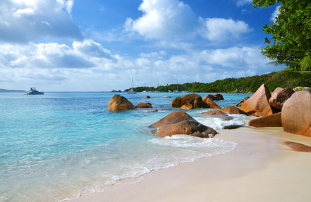 Anse Lazio beach in the island Praslin, Seychelles, Indian Ocean, Africa.の写真素材