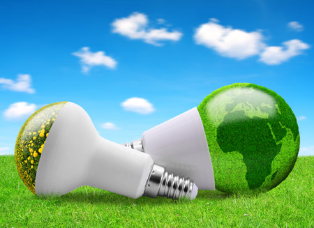Eco LED bulbs in grass. Energy saving lamp.の写真素材