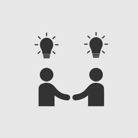 Businessman meeting vector icon. Handshake symbol. Handshake with bulbs. Business deal sign. Black and white simple isolated icon.のイラスト素材