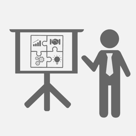 Business success concept. Teamwork icon illustration. Businessman pointing at board. Cooperation puzzle symbol.のイラスト素材