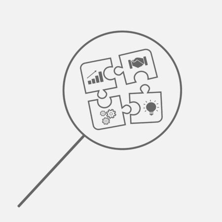 Business cooperation concept. Teamwork search symbol. Puzzle in magnifying glass. Vector icon illustration.のイラスト素材