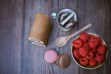 Raspberry and chocolate brownies ready to eatの写真素材