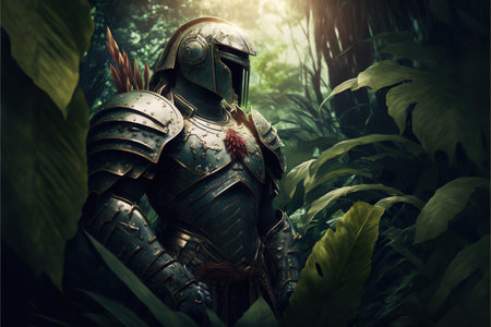 Medieval knight in the jungle. Fantasy illustration. 3d render.の素材