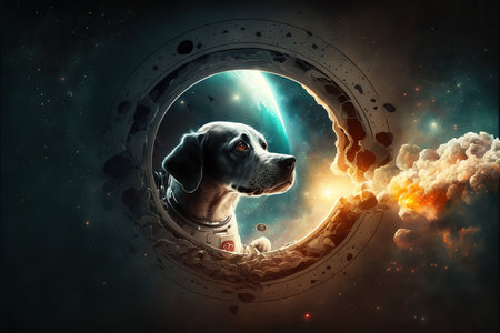 Astronaut dog looking out of the hole in space. Mixed mediaの素材