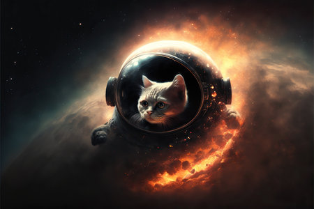 Cat in astronaut helmet on space background.の素材