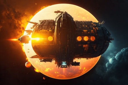 Spaceship in space against the background of the planet. 3d renderの素材