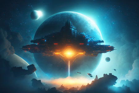 Space ship and planet in the sky. 3D illustration.の素材