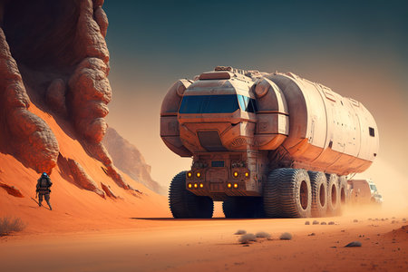 3D rendering of a space ship in the desert with sand dunesの素材