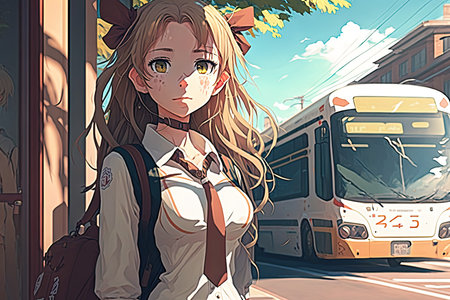 Girl waiting for the bus at the bus stop. Vector illustration.の素材
