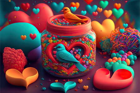 3d illustration of valentine's day background with heart and birdの素材