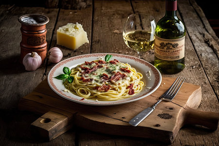 Spaghetti Carbonara with bacon and parmesan cheese on wooden tableの素材