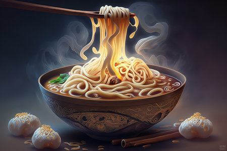 Ramen noodle soup with chopsticks in bowl, 3d illustrationの素材