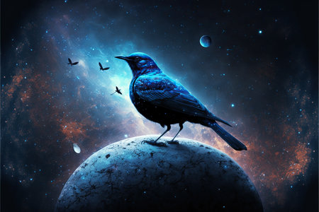 Blackbird on the moon in space. Collage. 3d renderの素材