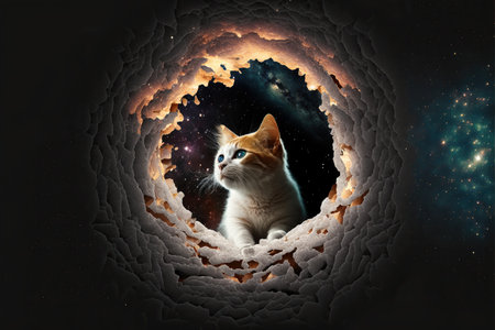 Cat looking through hole in outer space. Collageの素材