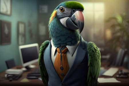 businessman with a parrot in his office, 3d renderの素材
