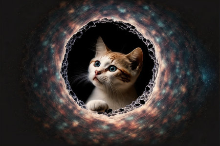 Cat looking out of a hole in the starry outer space.の素材