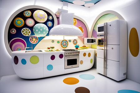 Interior of a modern kitchen with white and colorful furniture. 3d renderの素材