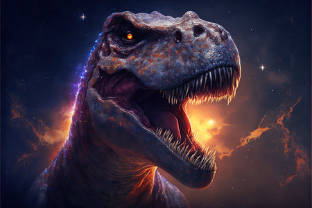 Dinosaur Tyrannosaurus Rex in space. 3D illustration.の素材