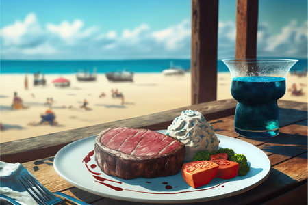 Grilled beef steak served on a white plate with a blue cocktail on the background of the beach.の素材