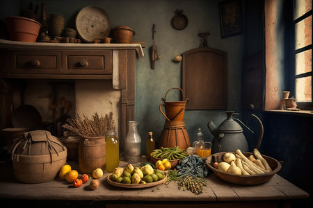 Still life with various vegetables and fruits in a rustic kitchen.の素材