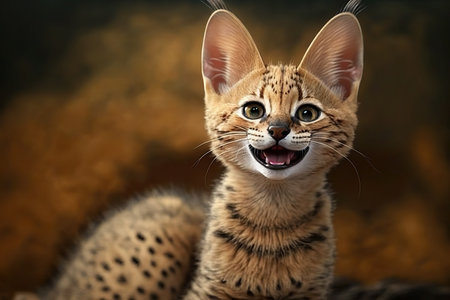 Portrait of a purebred serval cat on a dark background.の素材